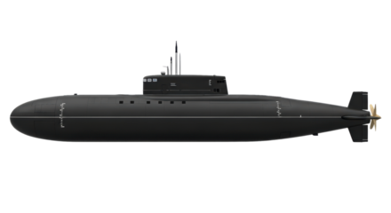 Black military submarine side view on transparent background