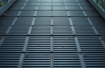 Perspective view of a metal grate footbridge walkway, showing repeating parallel lines and textured surface. Industrial material forms a structured abstract background, suitable for design concepts.