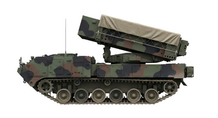Camouflage military vehicle with missile launcher on transparent background