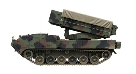 Camouflage military vehicle with missile launcher on transparent background