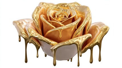 Golden rose sculpture with dripping liquid gold effect, showcasing intricate petal details and a glossy finish, symbolizing beauty and luxury in a captivating artistic representation