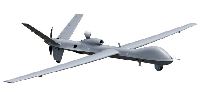 Military drone with extended wings on transparent background