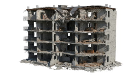 Four-story abandoned concrete building in ruins with visible debris and damage