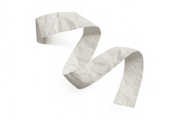 Crumpled white paper ribbon unfurling, creating a dynamic wavy scroll with empty space for text on transparent background