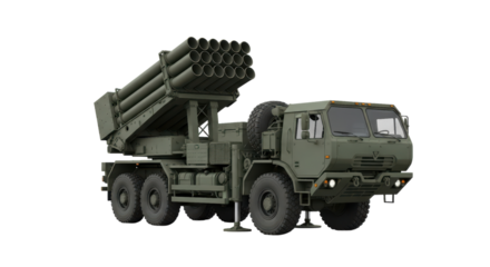 Military green rocket launcher truck with multiple missiles and transparent background