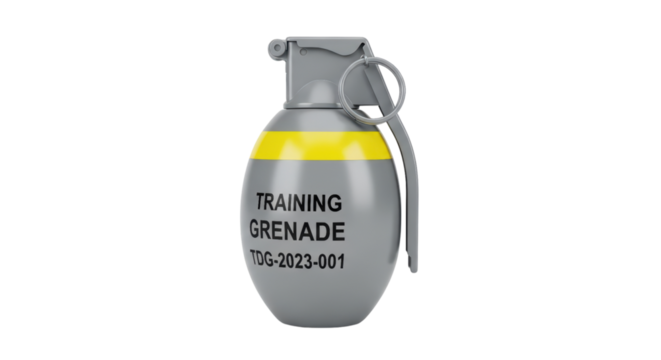 Realistic training grenade with metal ring and safety lever on transparent background