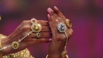 Bridal hands adorned with gemstone haath phool and mehndi in Indian wedding style against vibrant blurred background