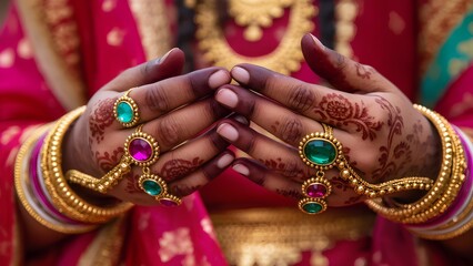 Ornate bridal hands with henna, gemstone rings and gold bangles in traditional Indian wedding attire close-up