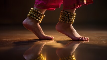 Bridal dancer's feet adorned with ghungroo in traditional Indian wedding performance with reflection and warm light