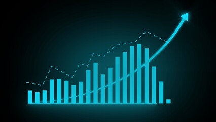 Glowing blue bar graph with upward trending arrow and dashed line on dark background chart data