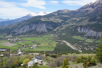 panoramic view of the Barcelonnette valley, southern Alps, France in the spring
