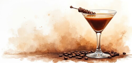 Espresso martini watercolor art painting. Dark drink in elegant cocktail glass with coffee bean garnish. Roasted beans lay near stem base. Abstract earthy splashes create dynamic background. Modern