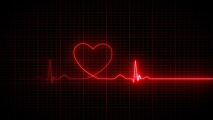 Glowing red heart shape integrated into a vibrant electrocardiogram line on a dark grid background love