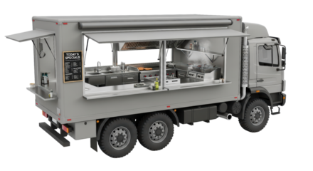Mobile food truck with open kitchen and cooking equipment on transparent background