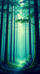 Naklejka premium Illustration of tall green trees, in a forest setting. Dense forest scene evoking serenity, nature, and the quiet beauty of the woodland wilderness