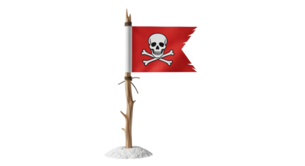 Red pirate flag with skull and crossbones on wooden pole