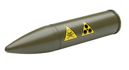 Military artillery shell with hazard warning signs on transparent background