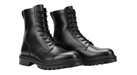 Black leather combat boots with laces on transparent background