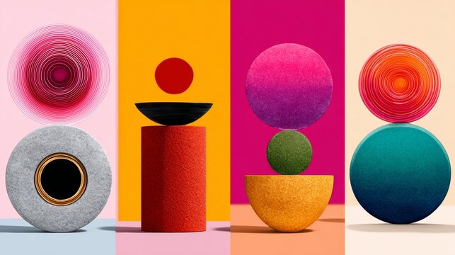 Abstract composition featuring colorful geometric shapes arranged in a visually striking manner, showcasing vibrant textures and forms, creating a modern artistic expression with bold colors and dynam