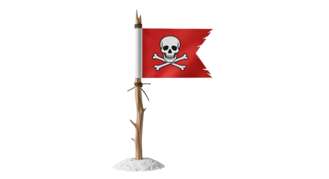 Red pirate flag with skull and crossbones on wooden pole