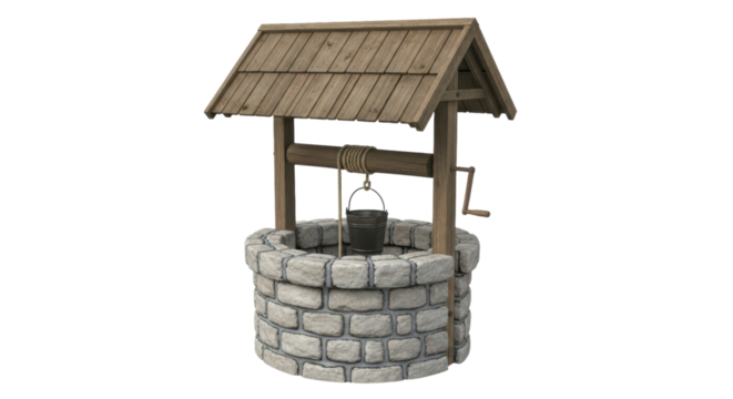 Rustic stone wishing well with bucket and wooden roof on transparent background