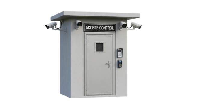 Modern access control security booth with surveillance cameras and keypad on transparent background