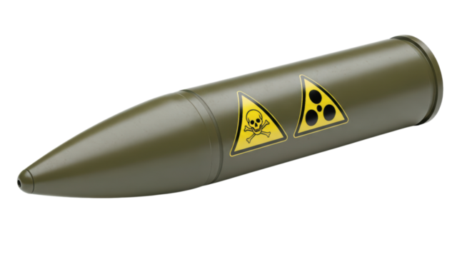 Military artillery shell with hazard warning signs on transparent background