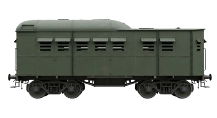 Vintage green cargo train car with wheels and ventilated sides on transparent background