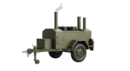Green military field kitchen trailer with dual chimneys and smoke