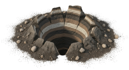Layered geological cross section of a crater with transparent background