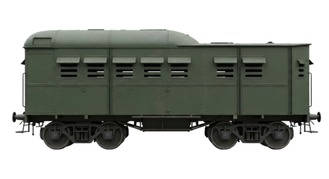 Vintage green cargo train car with wheels and ventilated sides on transparent background
