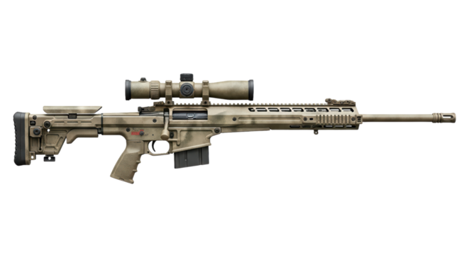 Tactical tan camouflage sniper rifle with scope and stock on transparent background