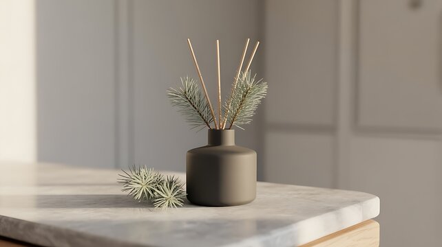 Minimalist home fragrance diffuser with natural reeds and rosemary sprigs on marble