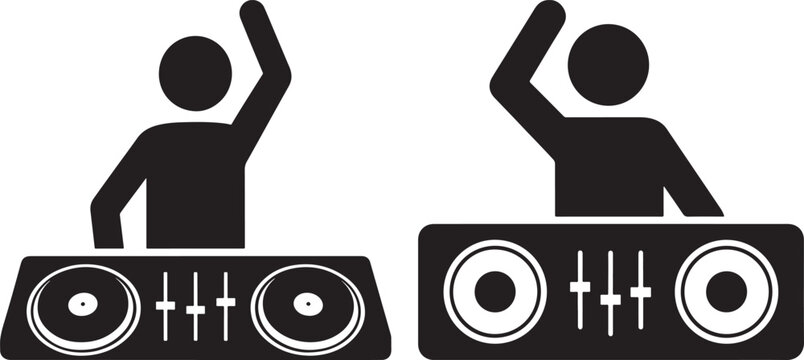 Two djs with arms raised in celebration behind turntables silhouette