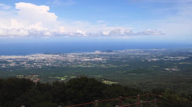 Hallasan National Park, Jeju island, South Korea, vibrant view of trail with a wooden ladder path stairs, trekking and climbing, stairway to Halla mountain summit, hiking in Korea, Jeju-do, sunny day