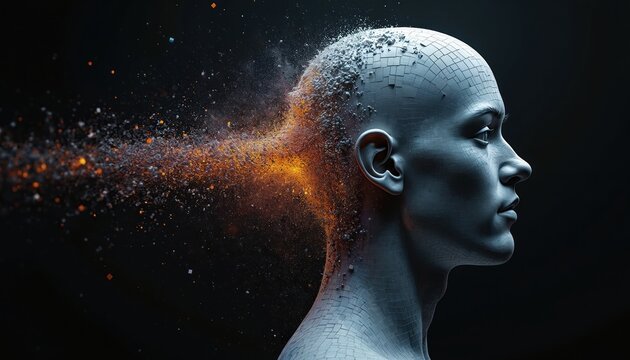 Digital human head forms from moving pixels and orange particles. Abstract AI concept art shows data stream exploding from head against dark backdrop. Future tech and mind.