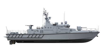 Fototapeta premium Gray military patrol boat with tactical equipment on transparent background