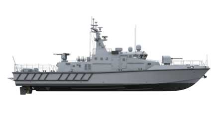 Gray military patrol boat with tactical equipment on transparent background