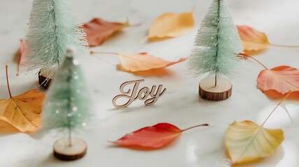 A festive holiday arrangement featuring miniature green pine trees, scattered autumn leaves in warm tones, and a decorative joy sign