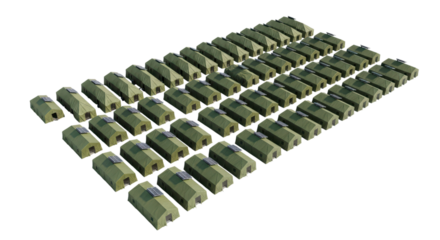 Array of green military tents with solar panels in symmetrical rows on transparent background