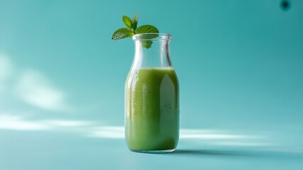 A refreshing green smoothie in a clear glass bottle, garnished with a fresh mint sprig, against a vibrant teal background