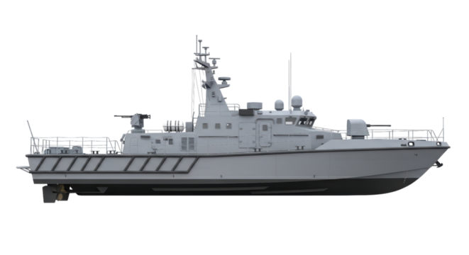 Gray military patrol boat with tactical equipment on transparent background