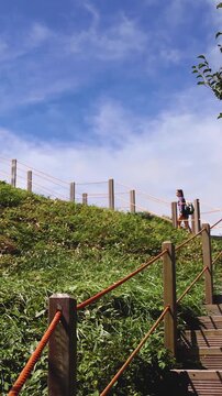 Hallasan National Park, Jeju island, South Korea, vibrant view of trail with a wooden ladder path stairs, trekking and climbing, stairway to Halla mountain summit, hiking in Korea, Jeju-do, sunny day