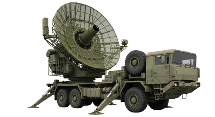Military radar system on mobile truck with satellite dish on transparent background