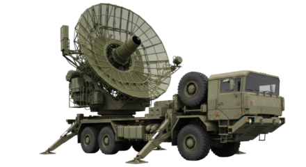 Military radar system on mobile truck with satellite dish on transparent background