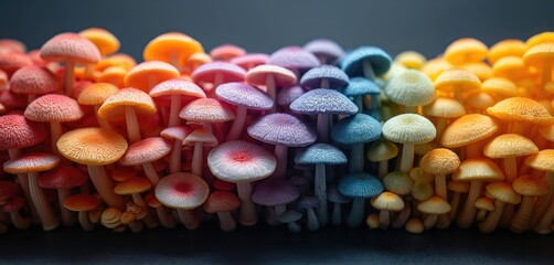 Fototapeta premium Small colorful mushrooms form a spectrum. Many different types of fungi grow in a large group. Edible mushrooms display many hues from red to blue to yellow shades.