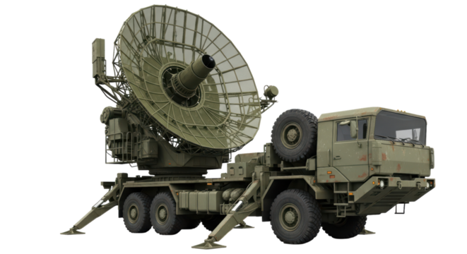 Military radar system on mobile truck with satellite dish on transparent background