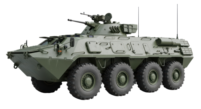 Armored military vehicle featuring heavy-duty wheels and mounted weapon system