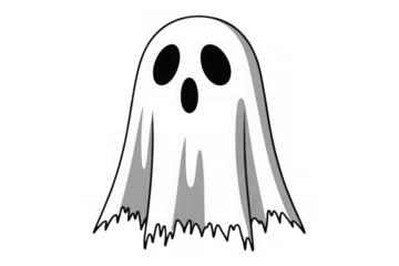 Eerie black and white cartoon ghost figure appearing from darkness