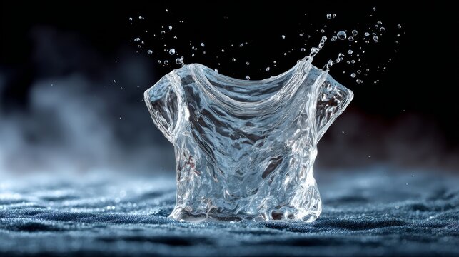 Water splash forming a transparent shirt shape, showcasing fluid dynamics and texture, against a dark background, creating a captivating visual representation of movement and creativity